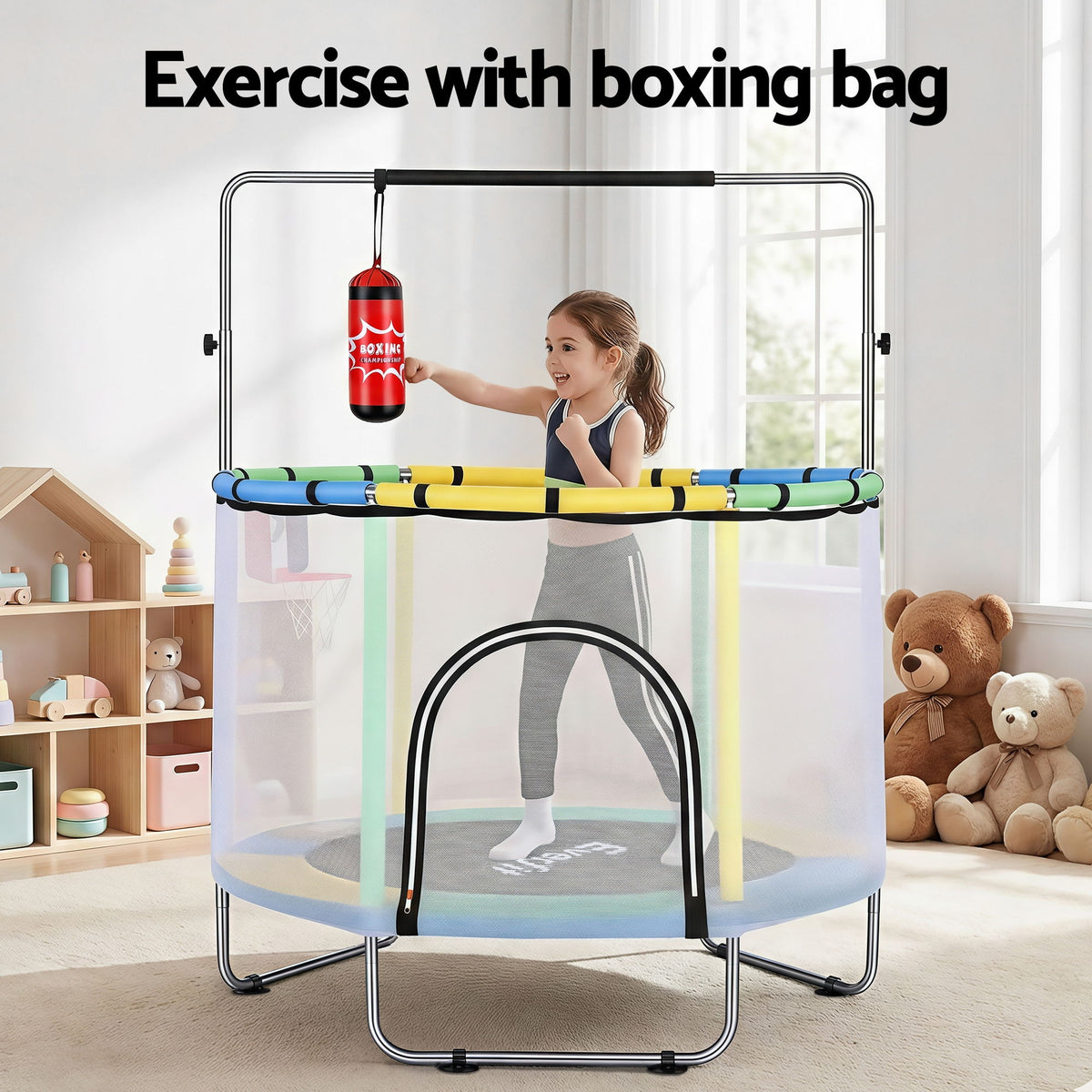 55 Inch Trampoline Rebounder | Kids | Basketball Hoop & Boxing Set