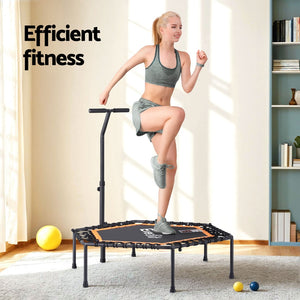 Everfit 51-Inch Hexagon Fitness Trampoline | Rebounder with Adjustable Handrail | Orange