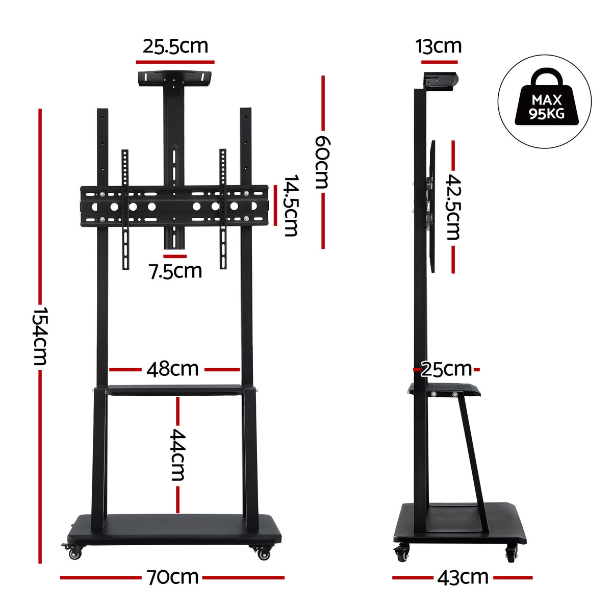 Rolling TV Stand | 32–70" | Universal | Height Adjustable | Wheels