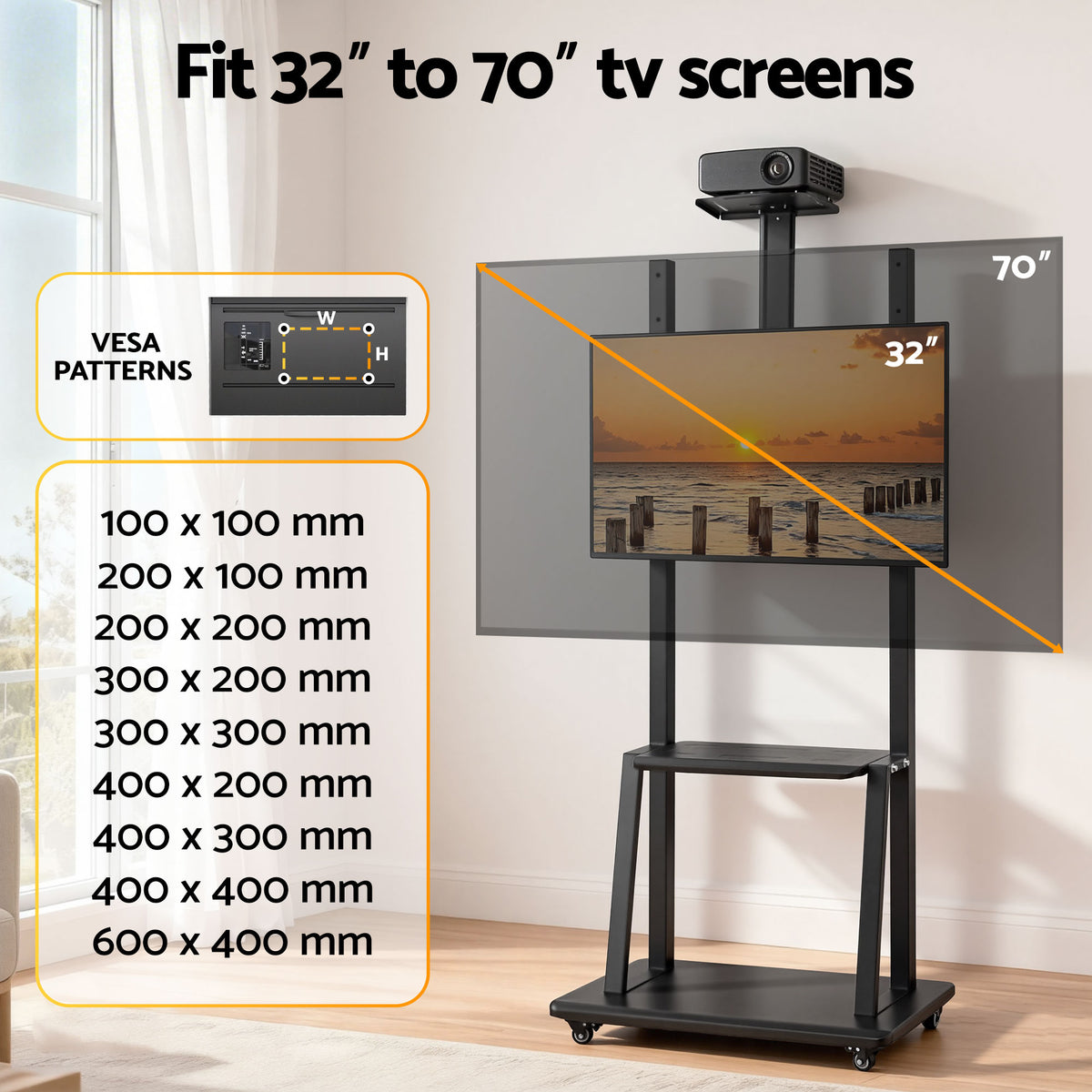 Rolling TV Stand | 32–70" | Universal | Height Adjustable | Wheels