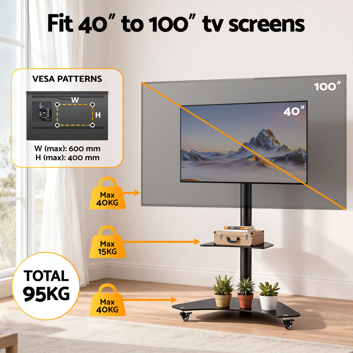 TV Stand Mount | 40-100" | Universal Bracket | Adjustable Height | Wheels