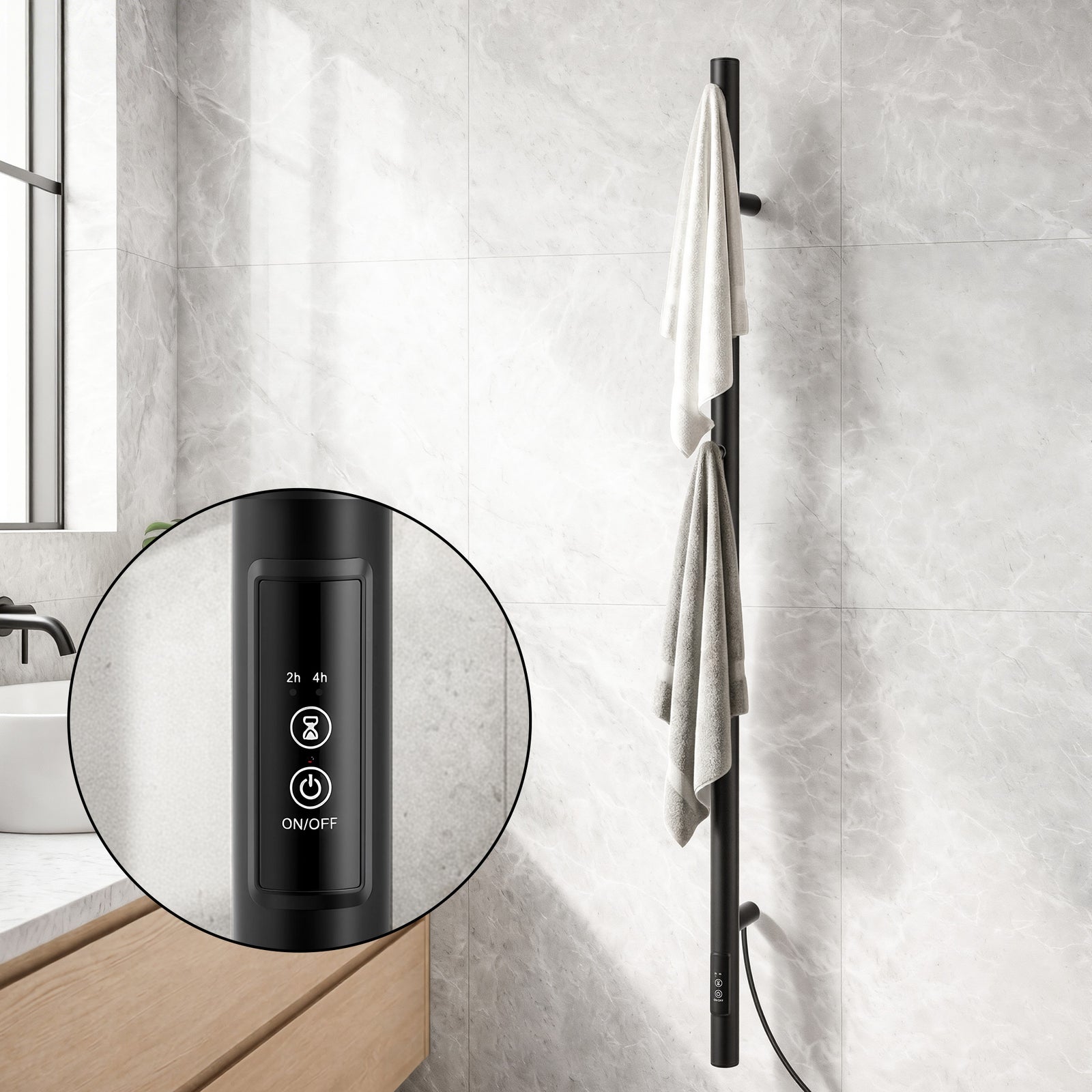 Heated Towel Rail | Vertical | Timer | Electric Warmer Rack | Black