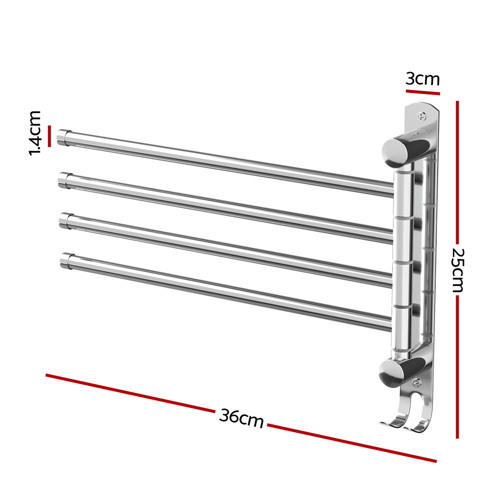 Towel Rail Rack Holder | 4 Bars | Wall Mounted | Stainless Steel | Swivel Hanging Hook