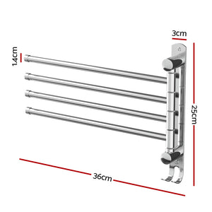 Towel Rail Rack Holder | 4 Bars | Wall Mounted | Stainless Steel | Swivel Hanging Hook