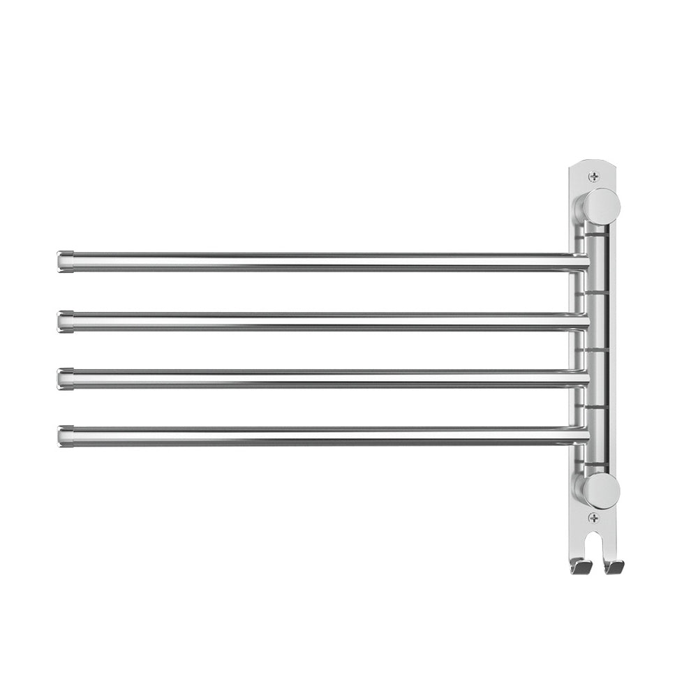 Towel Rail Rack Holder | 4 Bars | Wall Mounted | Stainless Steel | Swivel Hanging Hook