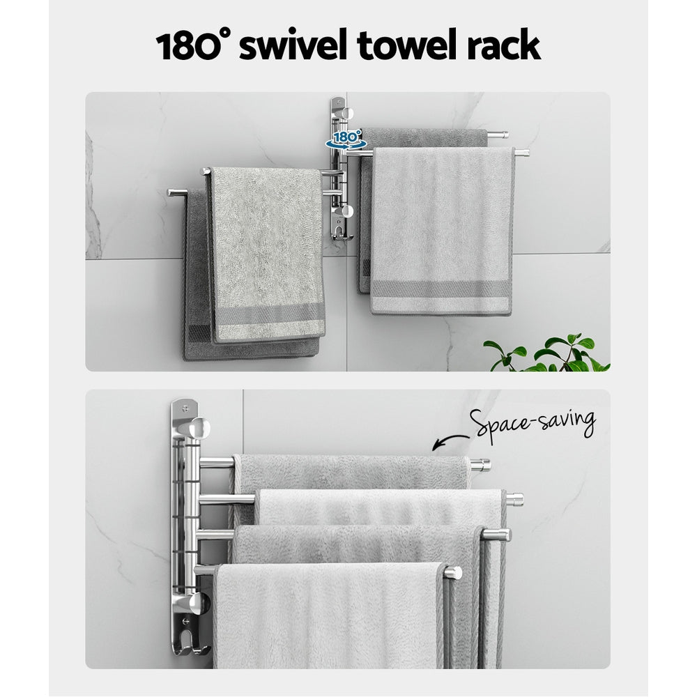 Towel Rail Rack Holder | 4 Bars | Wall Mounted | Stainless Steel | Swivel Hanging Hook