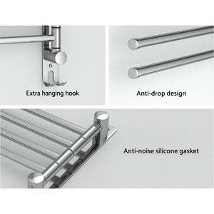 Towel Rail Rack Holder | 4 Bars | Wall Mounted | Stainless Steel | Swivel Hanging Hook