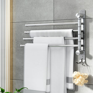 Towel Rail Rack Holder | 4 Bars | Wall Mounted | Stainless Steel | Swivel Hanging Hook