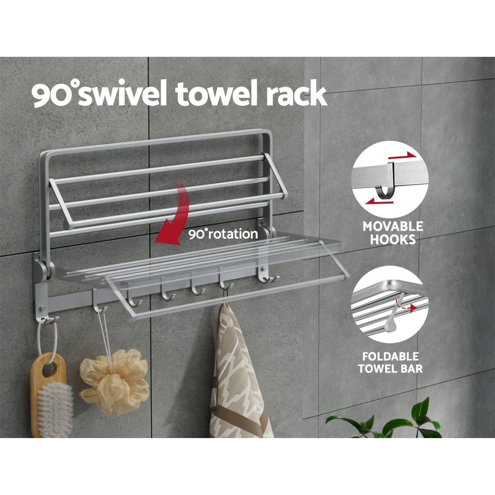 Towel Rail Rack Holder | 4 Bars | Wall Mounted | Aluminium | Foldable Hanging Hook