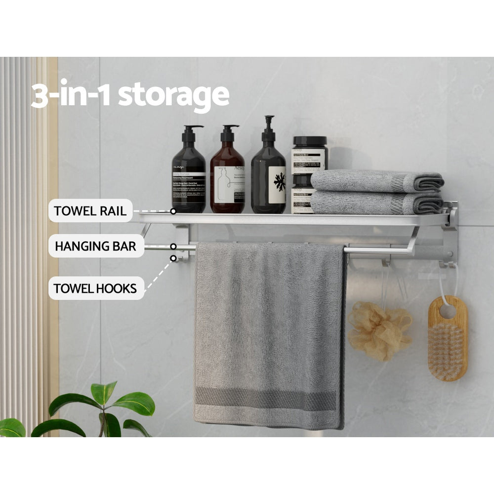 Towel Rail Rack Holder | 4 Bars | Wall Mounted | Aluminium | Foldable Hanging Hook