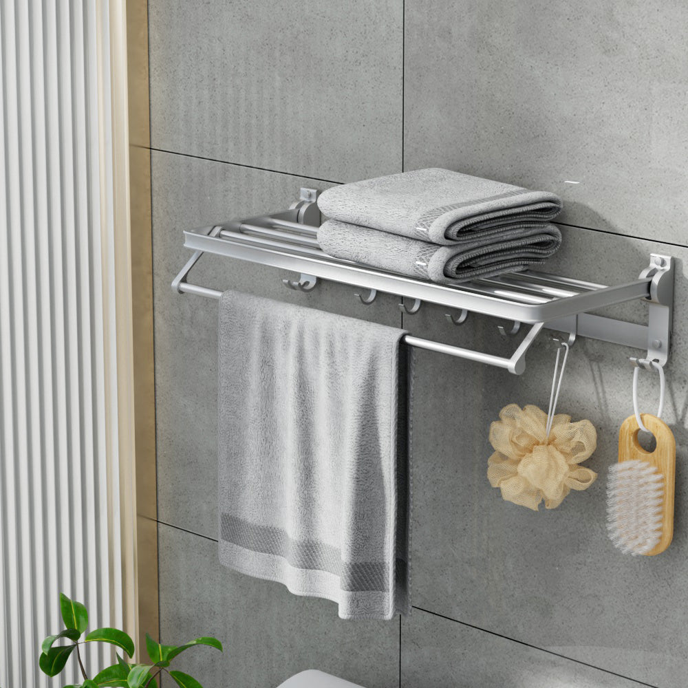 Towel Rail Rack Holder | 4 Bars | Wall Mounted | Aluminium | Foldable Hanging Hook