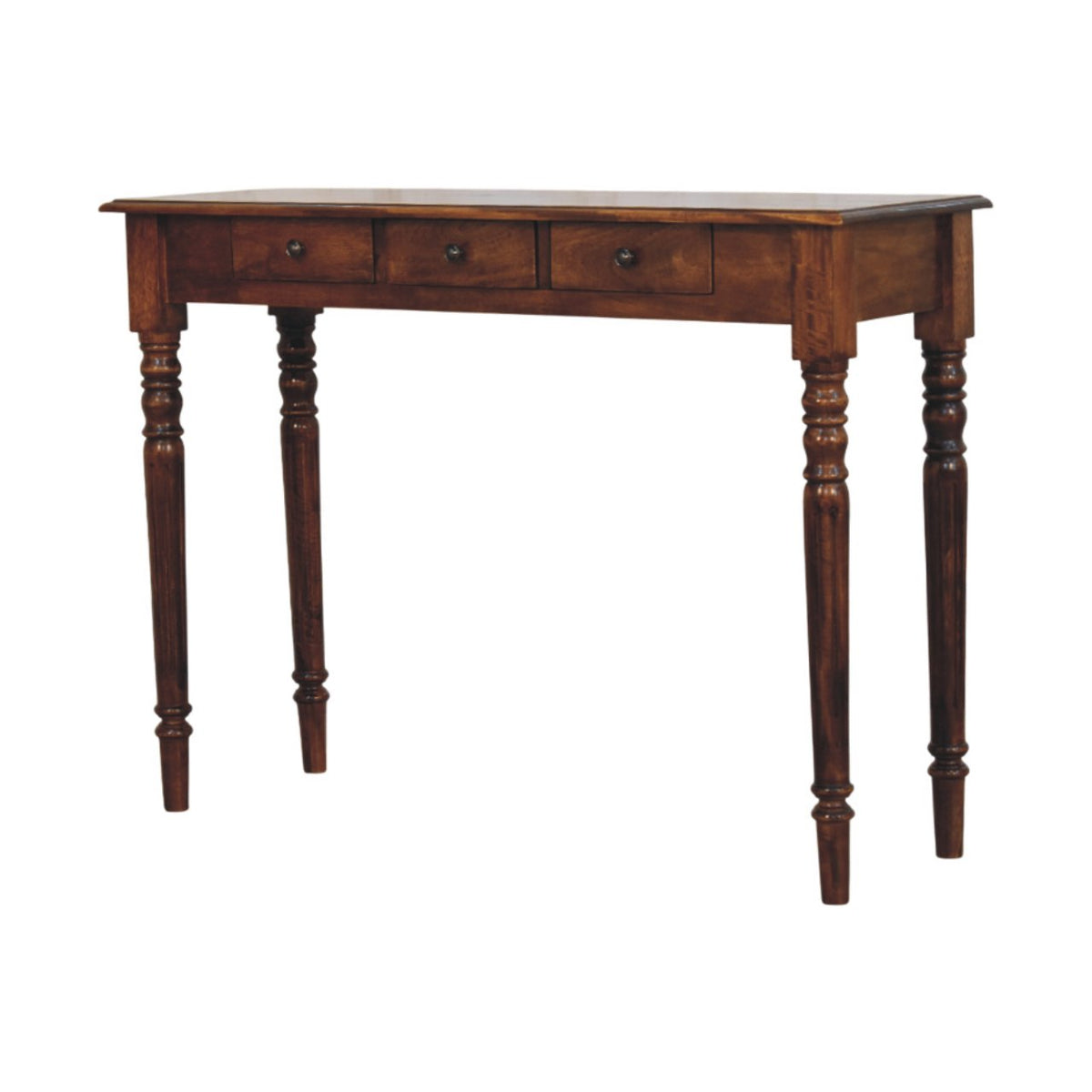 Turned Legs Chestnut Console Table | 3 Drawer Storage | Classic Timber Hall Table