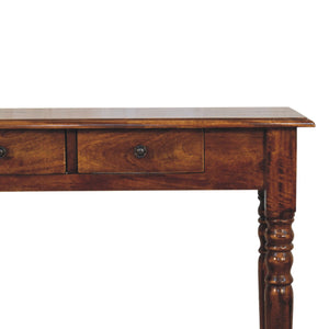 Turned Legs Chestnut Console Table | 3 Drawer Storage | Classic Timber Hall Table