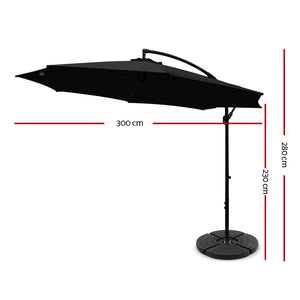 3m Outdoor Umbrella | w/Base | Cantilever | Beach Garden Patio | Black