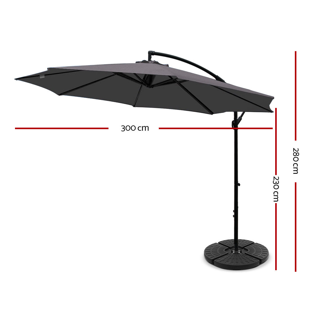 3m Outdoor Umbrella | w/Base | Cantilever | Beach Garden Patio | Charcoal