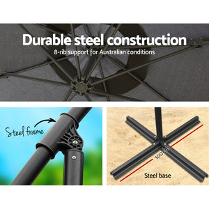 3m Outdoor Umbrella | w/Base | Cantilever | Beach Garden Patio | Charcoal
