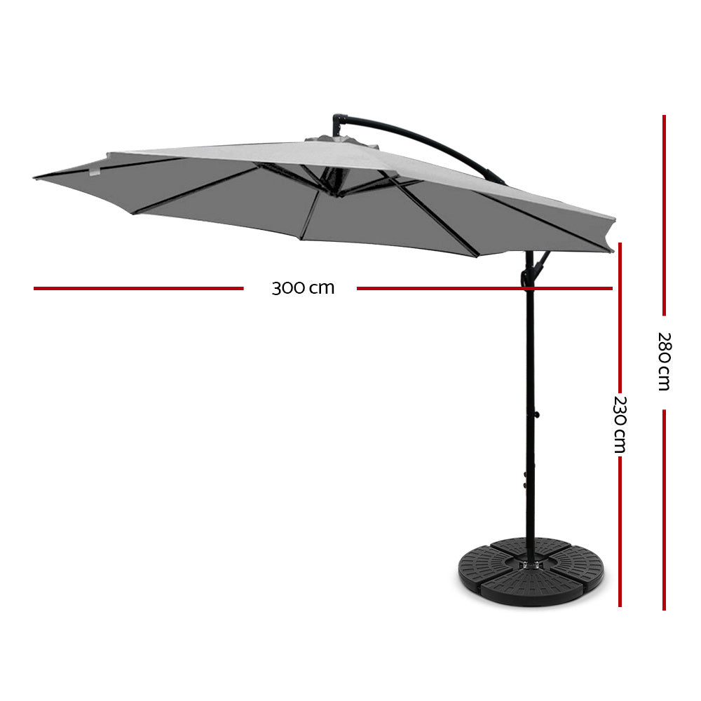 3m Outdoor Umbrella | w/Base | Cantilever | Beach Garden Patio | Grey