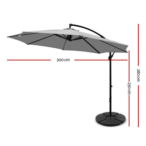 3m Outdoor Umbrella | w/Base | Cantilever | Beach Garden Patio | Grey