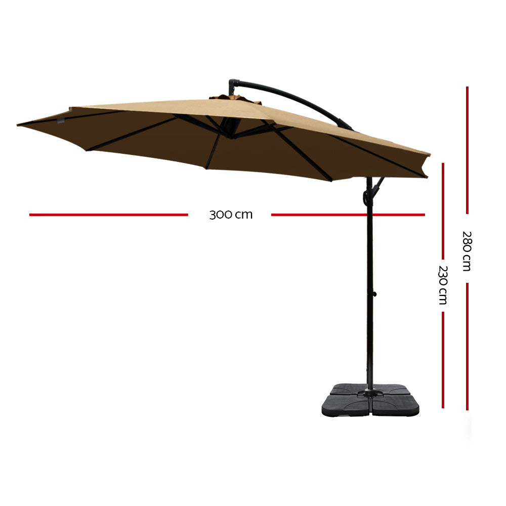 3m Umbrella | w/Base | Outdoor Cantilever Beach Garden Patio Parasol | Beige