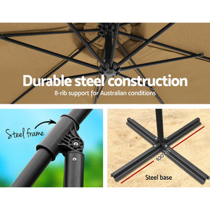 3m Umbrella | w/Base | Outdoor Cantilever Beach Garden Patio Parasol | Beige