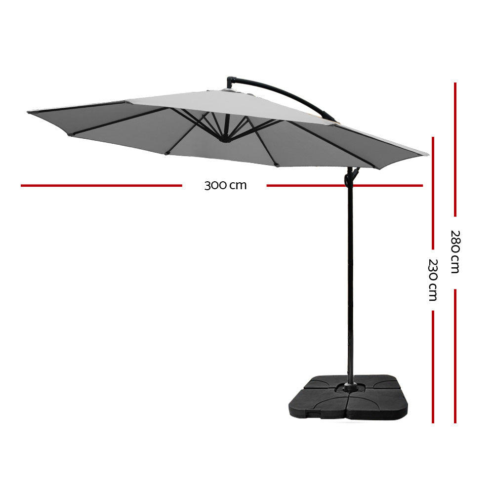 3M Umbrella | w/50x50cm Base | Outdoor Umbrellas | Cantilever Sun Stand | UV Garden | Grey