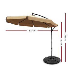 3m Outdoor Umbrella | w/Base | Cantilever | Garden Patio Beach | Beige