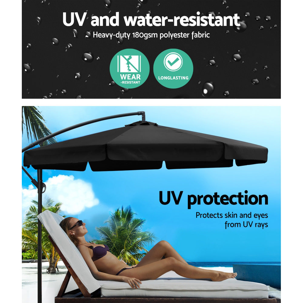 3m Outdoor Umbrella | w/Base | Cantilever | Garden Patio Beach | Black