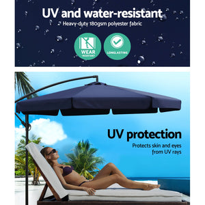 3m Outdoor Umbrella | w/Base | Cantilever | Garden Patio Beach | Navy