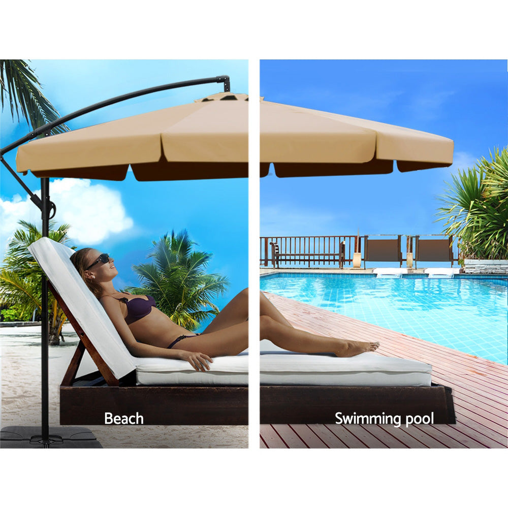 3m Outdoor Umbrella | w/Base | Cantilever Garden Beach Patio | Beige