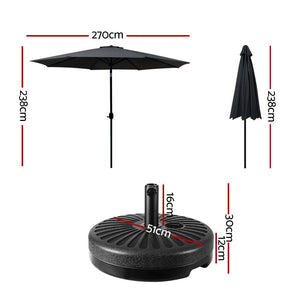 Outdoor Umbrella | 2.7m | Base | Beach Pole | Garden Tilt | Sun Patio | UV | Black