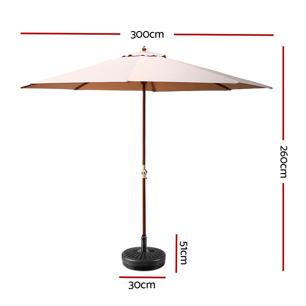 3m Outdoor Umbrella | w/Base | Pole Umbrellas | Garden Sun Stand | Deck | Beige