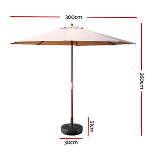 3m Outdoor Umbrella | w/Base | Pole Umbrellas | Garden Sun Stand | Deck | Beige