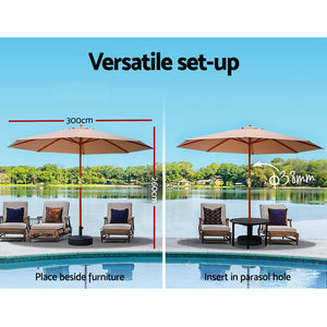 3m Outdoor Umbrella | w/Base | Pole Umbrellas | Garden Sun Stand | Deck | Beige