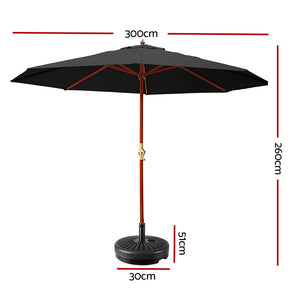 3m Outdoor Umbrella | w/Base | Pole Umbrellas | Garden Sun Stand | Deck | Black