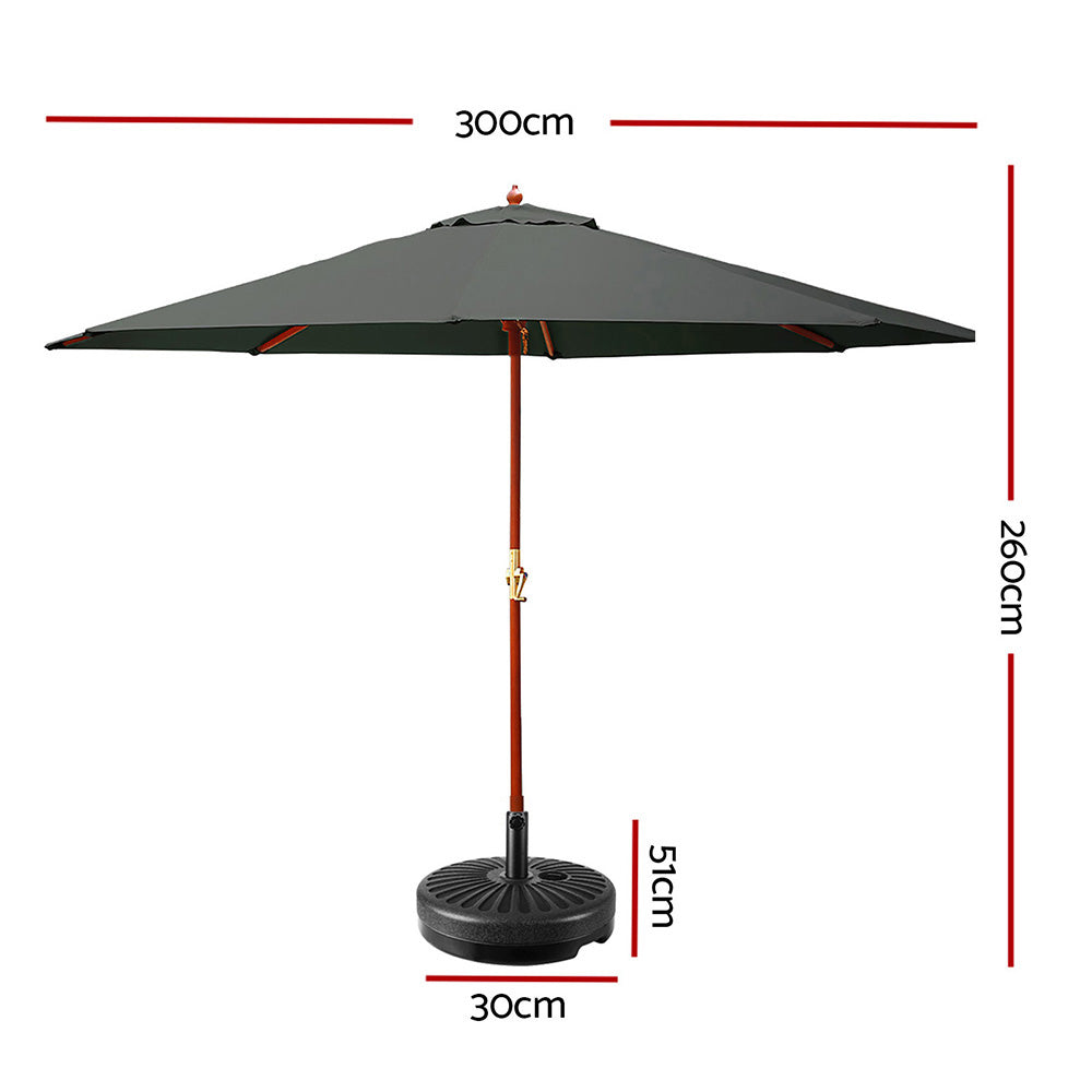 3m Outdoor Umbrella | w/Base | Pole Umbrellas | Garden Sun Stand | Deck | Charcoal