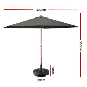 3m Outdoor Umbrella | w/Base | Pole Umbrellas | Garden Sun Stand | Deck | Charcoal
