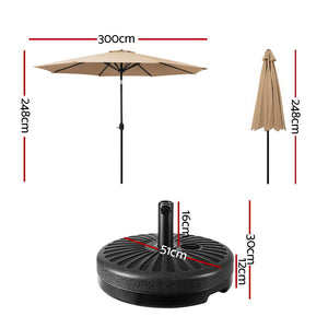 3m Outdoor Umbrella | w/Base Pole | Tilt | Beach Garden Patio | Beige