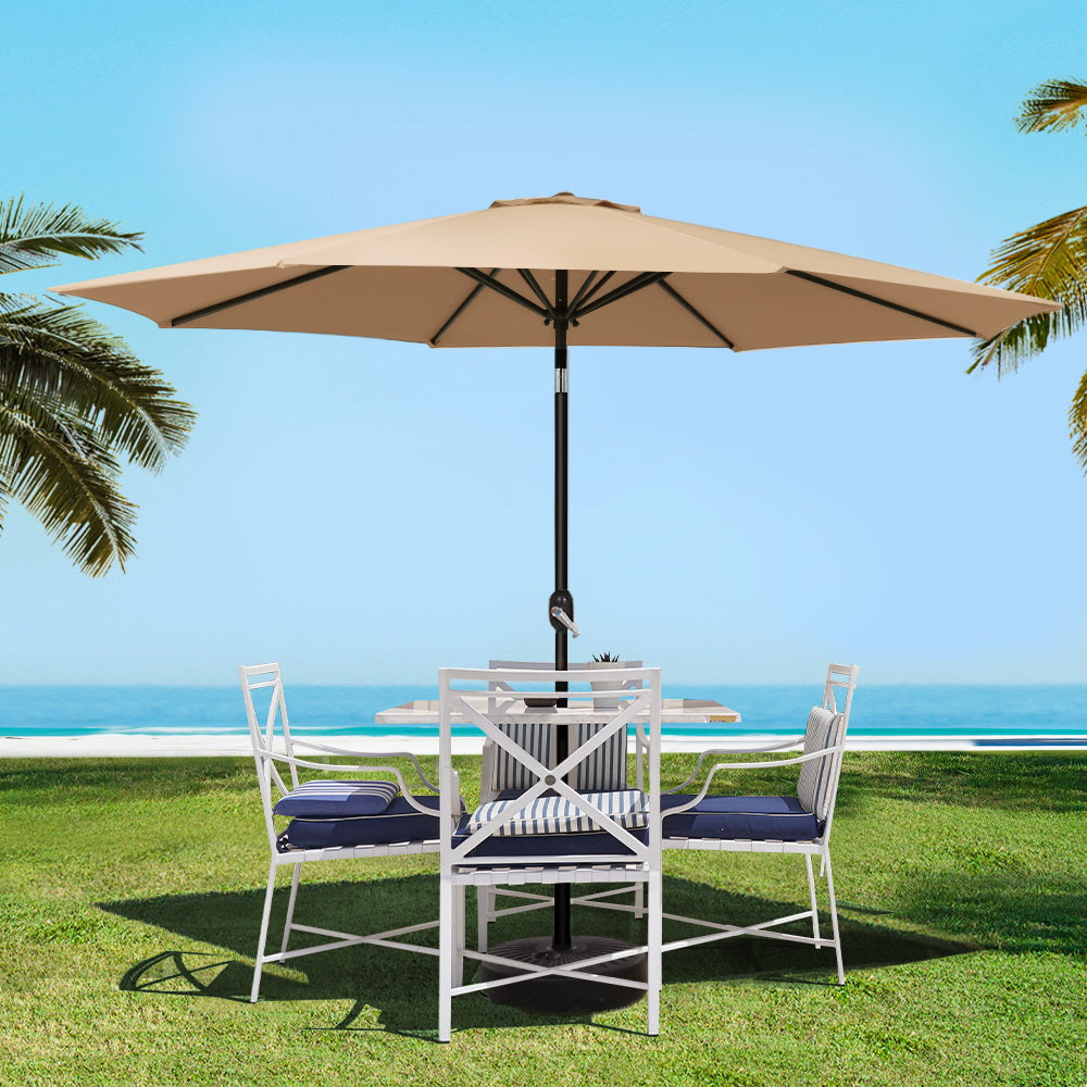 3m Outdoor Umbrella | w/Base Pole | Tilt | Beach Garden Patio | Beige