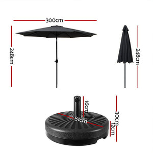 Outdoor Umbrella | 3m | Base | Beach Pole | Garden Tilt | Sun Patio | UV | Black