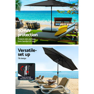Outdoor Umbrella | 3m | Base | Beach Pole | Garden Tilt | Sun Patio | UV | Black