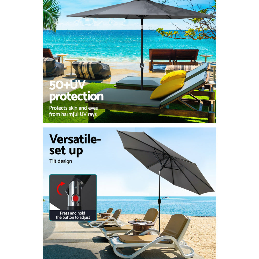 Outdoor Umbrella | 3m Base | Beach Pole | Garden Tilt | Sun Patio | UV | Charcoal