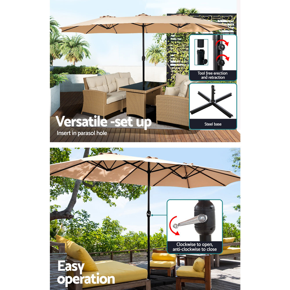 4.57m Outdoor Umbrella | w/Base Stand | Beach Pole Garden Tilt | Beige