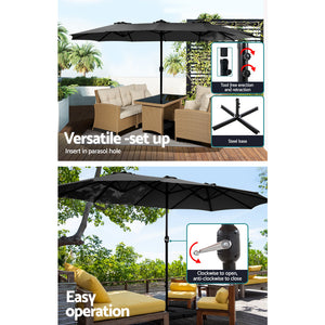 4.57m Outdoor Umbrella | w/Base Stand | Beach Pole Garden Tilt | Black