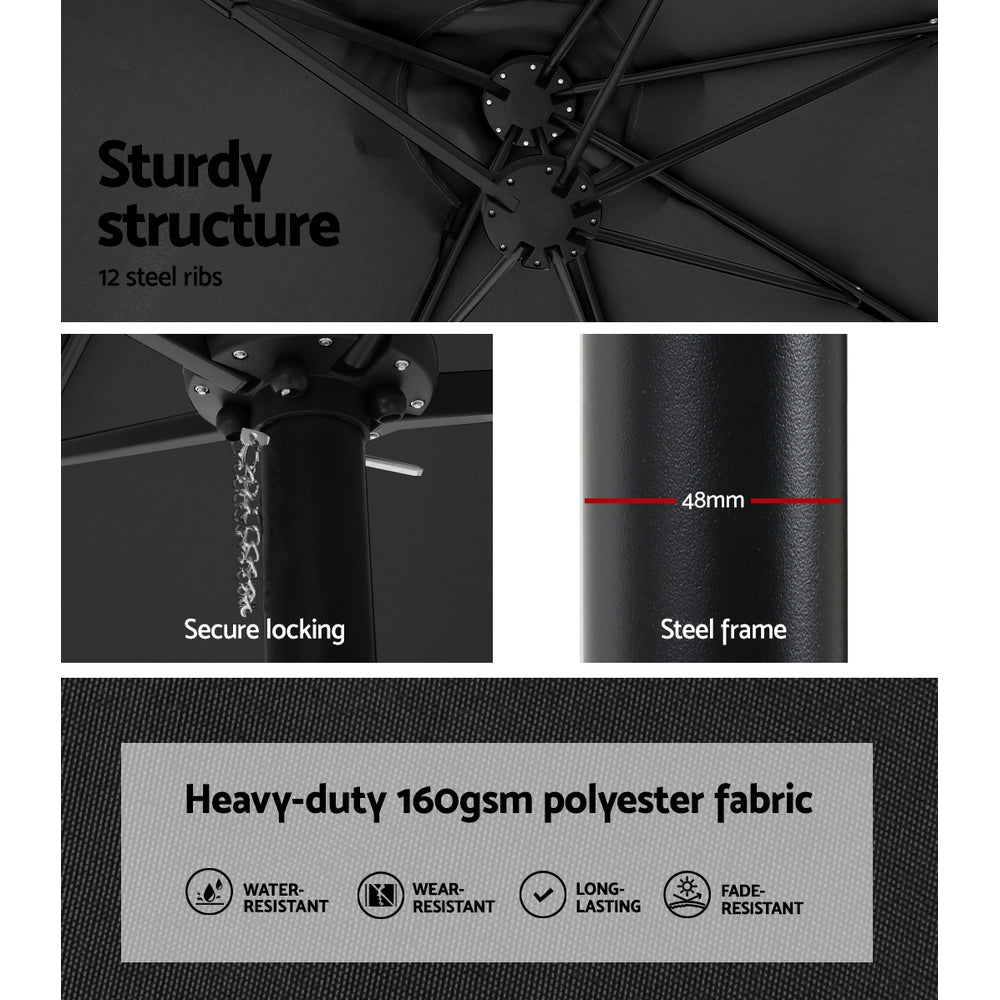 4.57m Outdoor Umbrella | w/Base Stand | Beach Pole Garden Tilt | Black