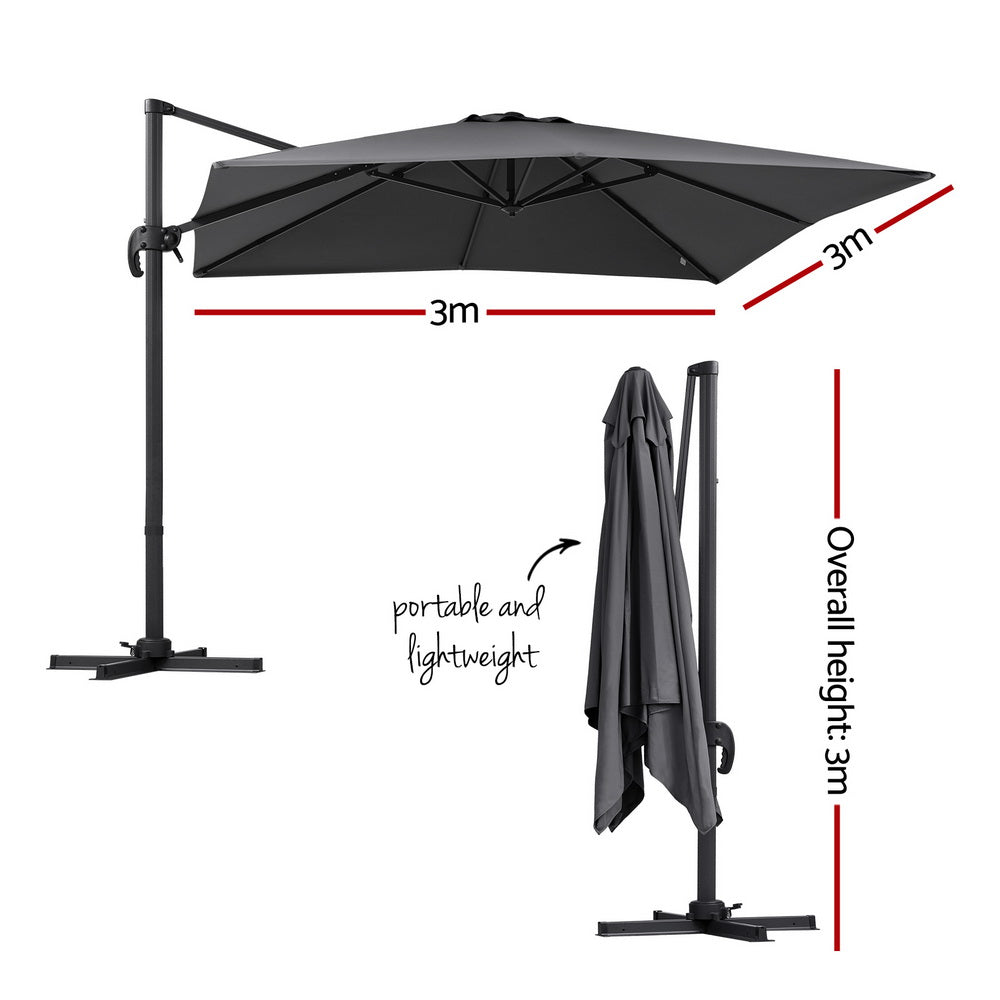 Instahut Outdoor Umbrella 3m | Cantilever Roma Umbrella with Stand | 360° Rotation | Charcoal