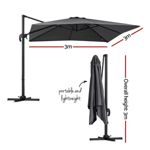 Instahut Outdoor Umbrella 3m | Cantilever Roma Umbrella with Stand | 360° Rotation | Charcoal