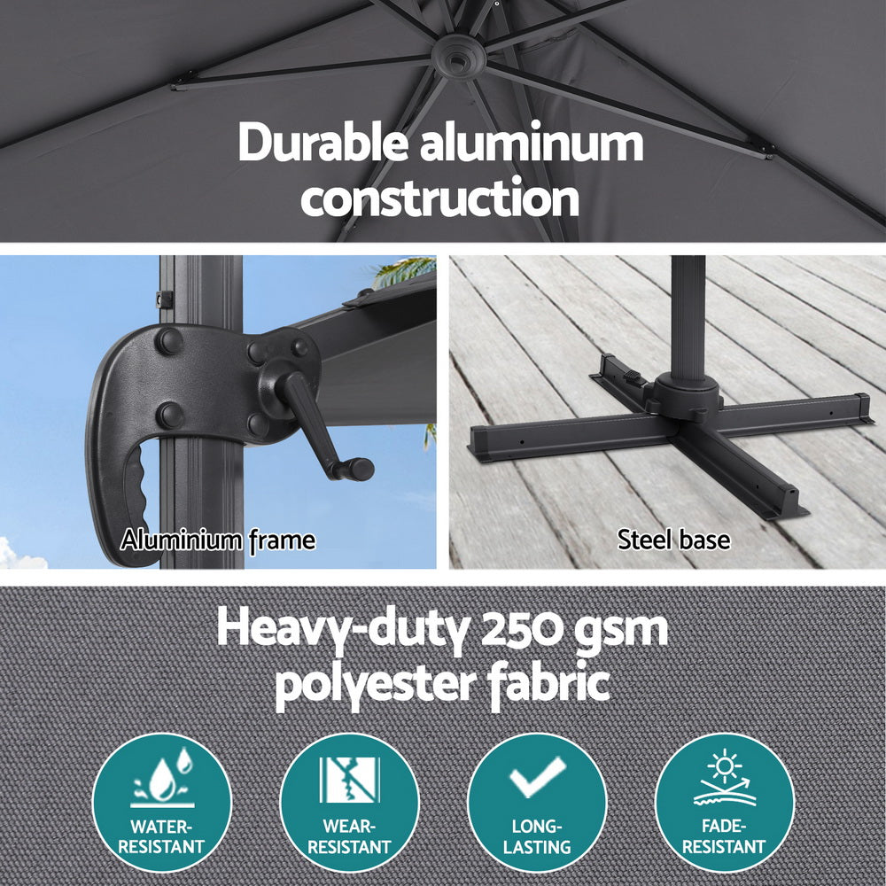 Instahut Outdoor Umbrella 3m | Cantilever Roma Umbrella with Stand | 360° Rotation | Charcoal