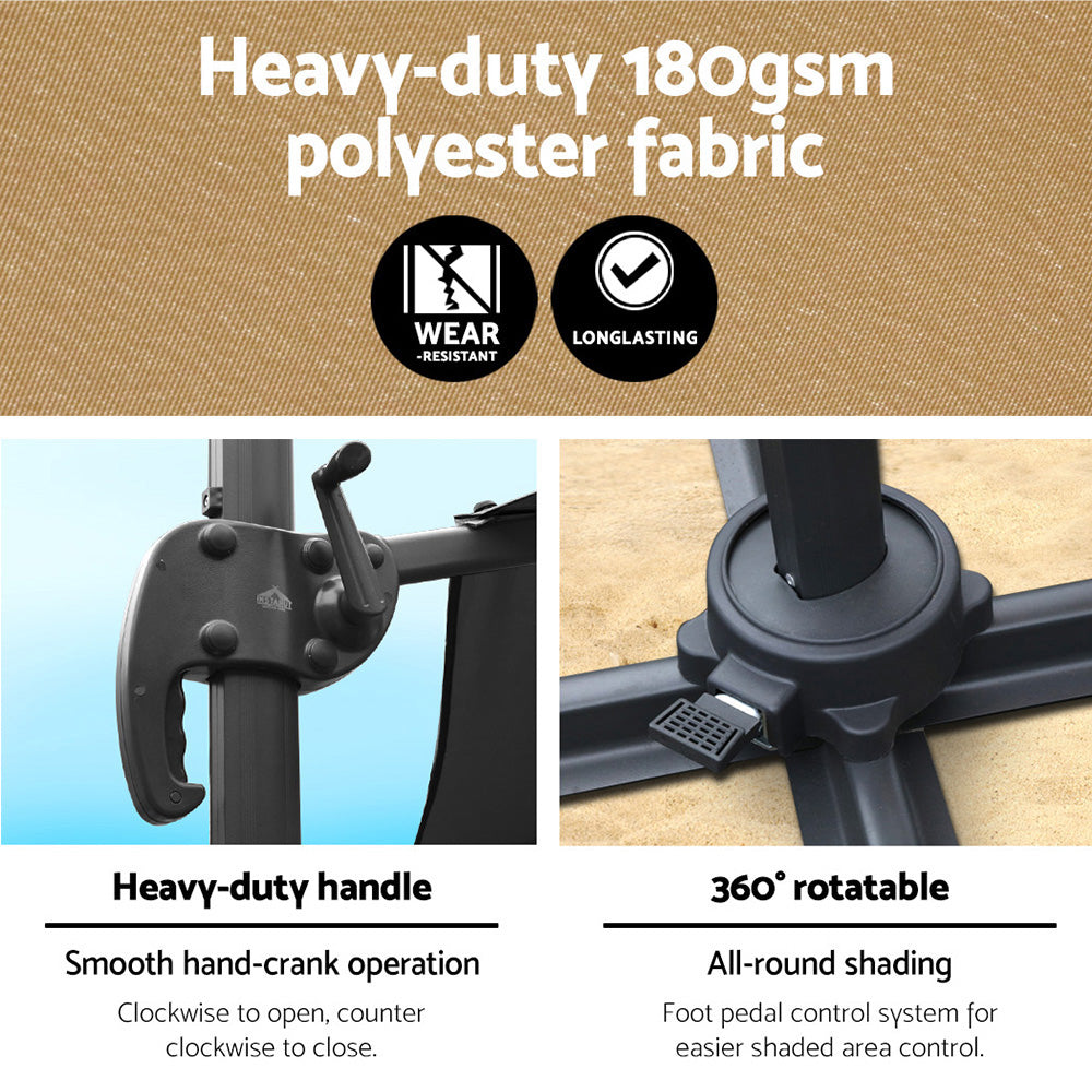 3m Outdoor Umbrella | Cantilever | 360 Degree Tilt | Beach | Roma | Beige