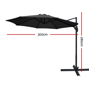 3m Outdoor Umbrella | Cantilever | 360 Degree Tilt | Beach | Roma | Black