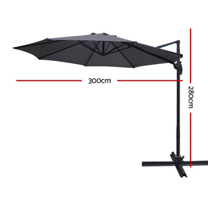 Instahut | 3m Outdoor Umbrella | Cantilever | 360 Degree Tilt | Beach Roma | Charcoal